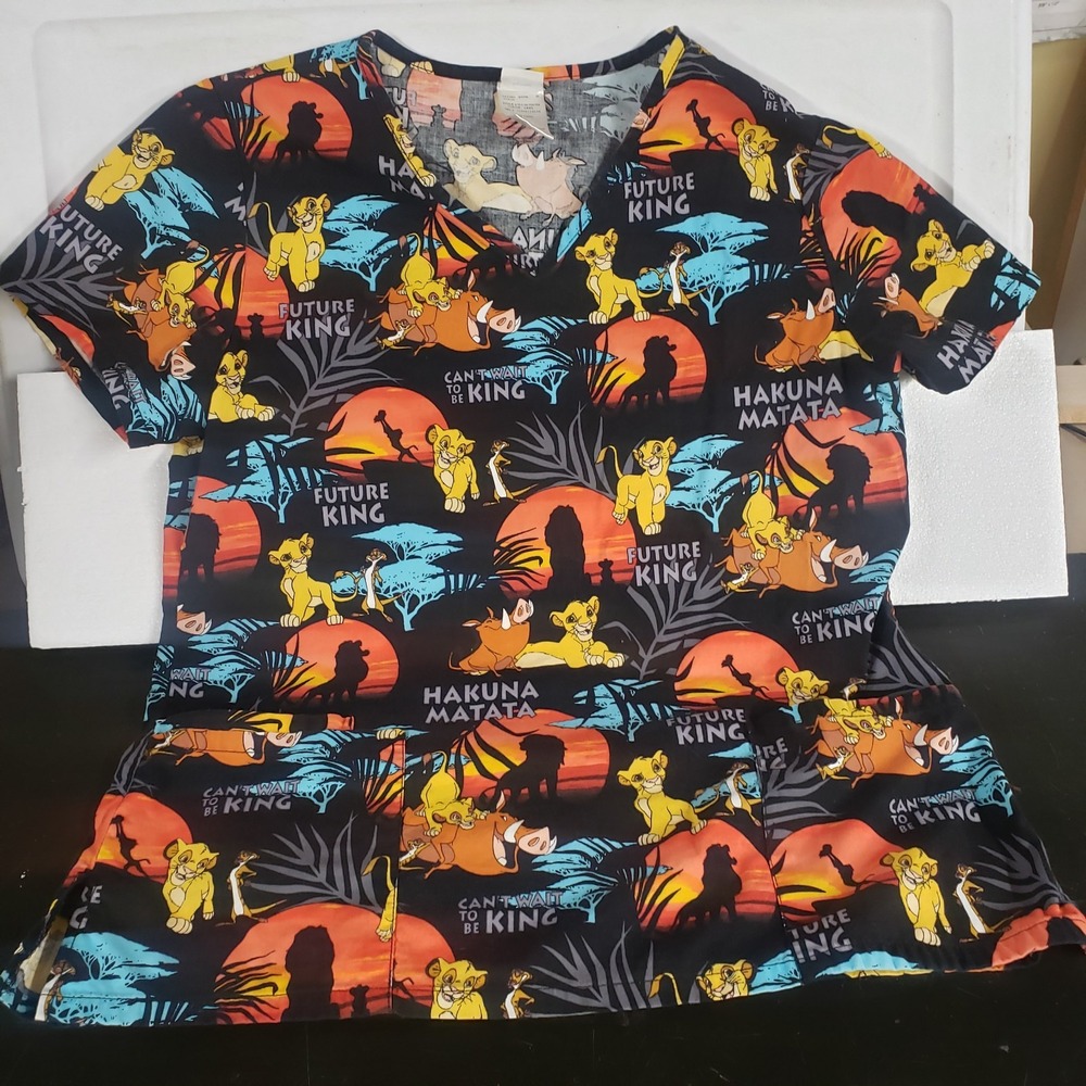 Disney Lion King Scrub Top Womens Medium Simba Timon Pumbaa V-Neck Cotton Black